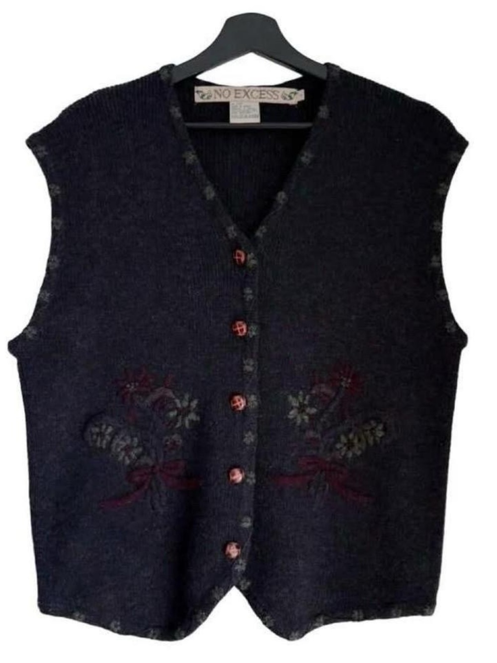 Vintage Shetland Wool Navy Embroidered Button-Up Sweater Vest Cardigan 90s 80s